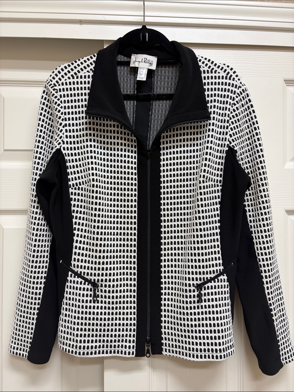 Joseph Ribkoff Black and White Patterned Zip Front Jacket
